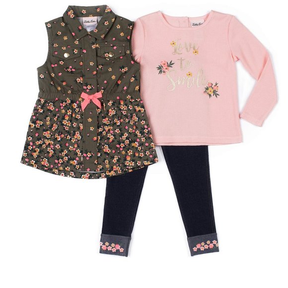 3 pc Floral Olive Vest, Tshirt Leggings Sz 4T NWT
